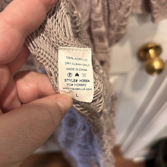 Hayden Los Angeles Boho Open Cardigan Sweater Large Crochet Dusty Pink Fringe - Picture 8 of 8